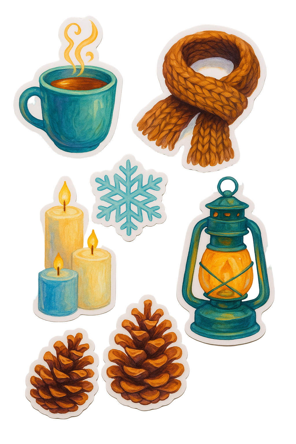 Set of winter-themed stickers including a mug, scarf, candles, snowflake, lantern, and pinecones on a light background.