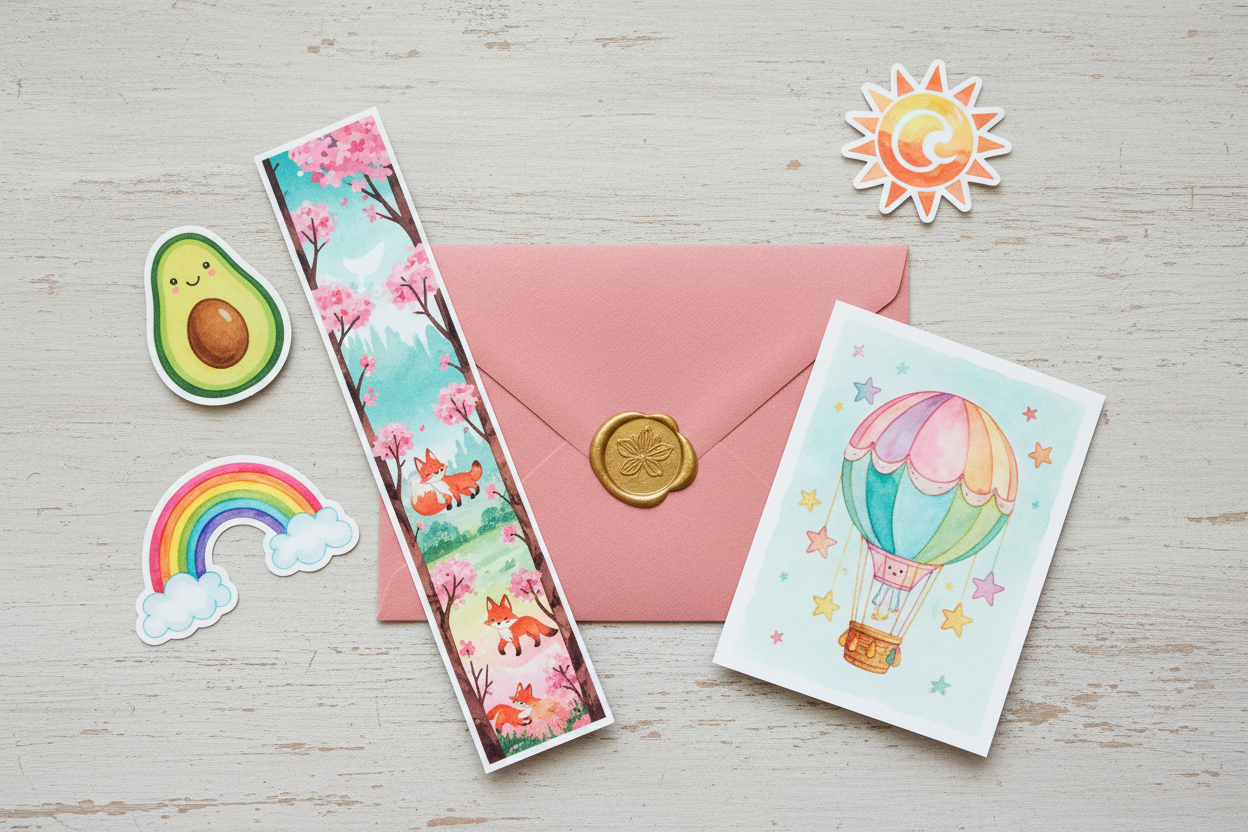 Colorful envelope, bookmark, mini art, and stickers on a wooden surface.