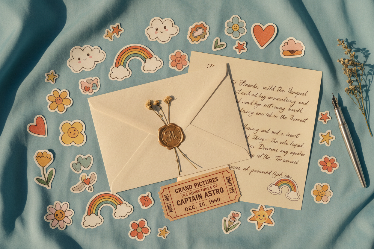 Vintage-style letter with wax seal, envelope, and decorative elements on a textured fabric background.