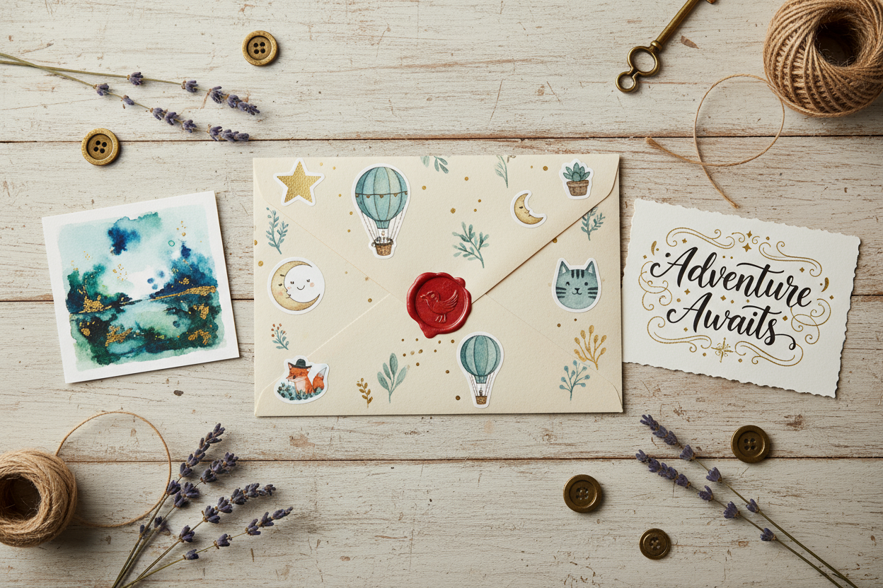 Decorative envelope with hot air balloons and a red wax seal on a wooden surface with stickers, quote, and mini art.