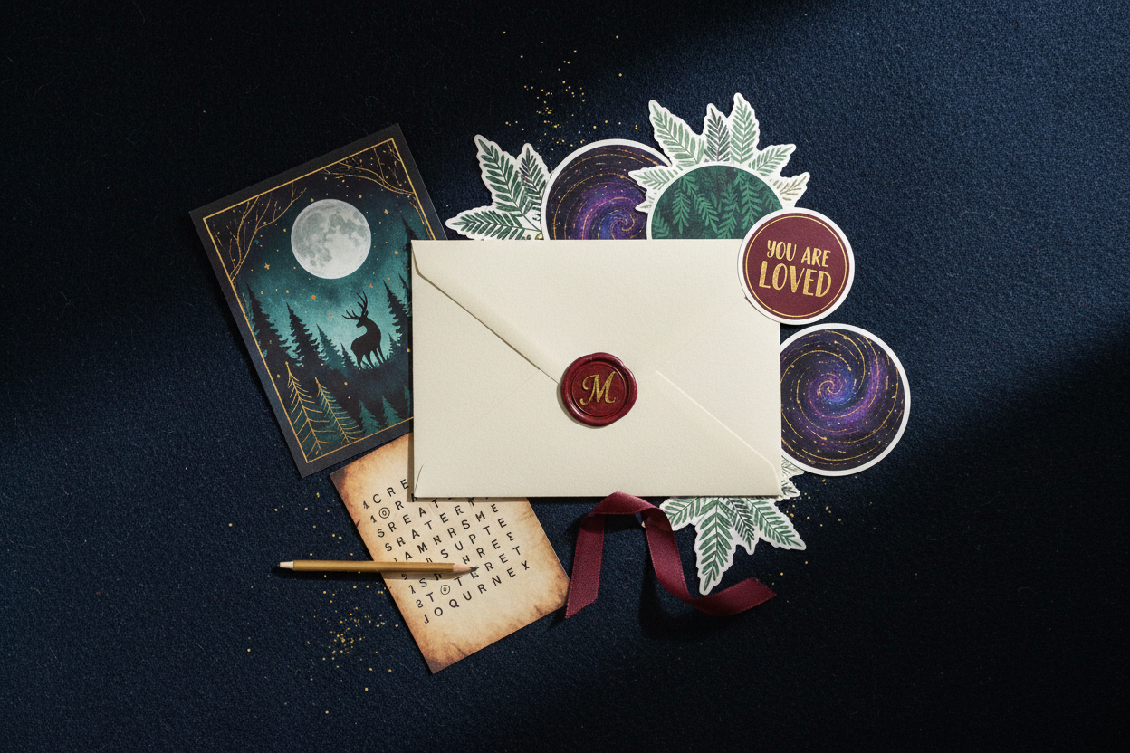 Decorative envelope with a wax seal, word search, mini art, and stickers.