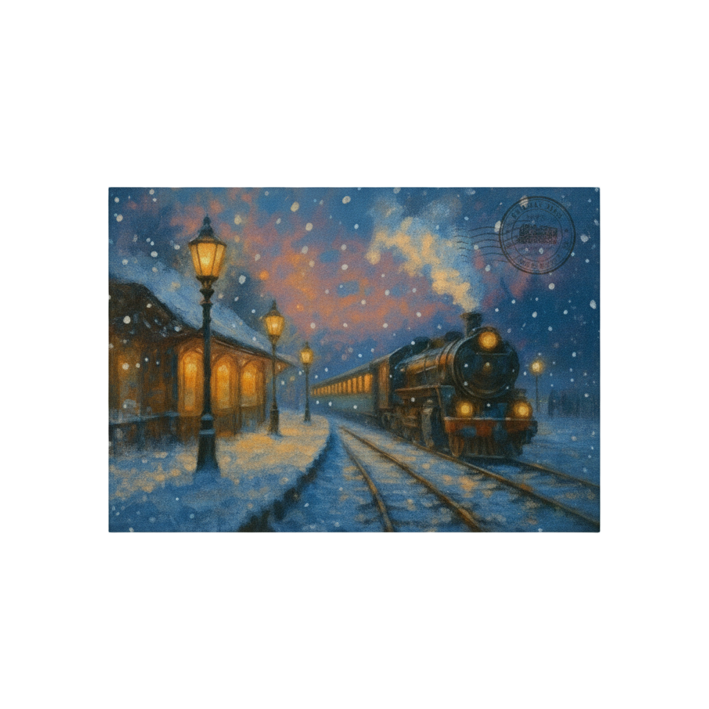 Vintage steam train at a station platform during a snowy night.