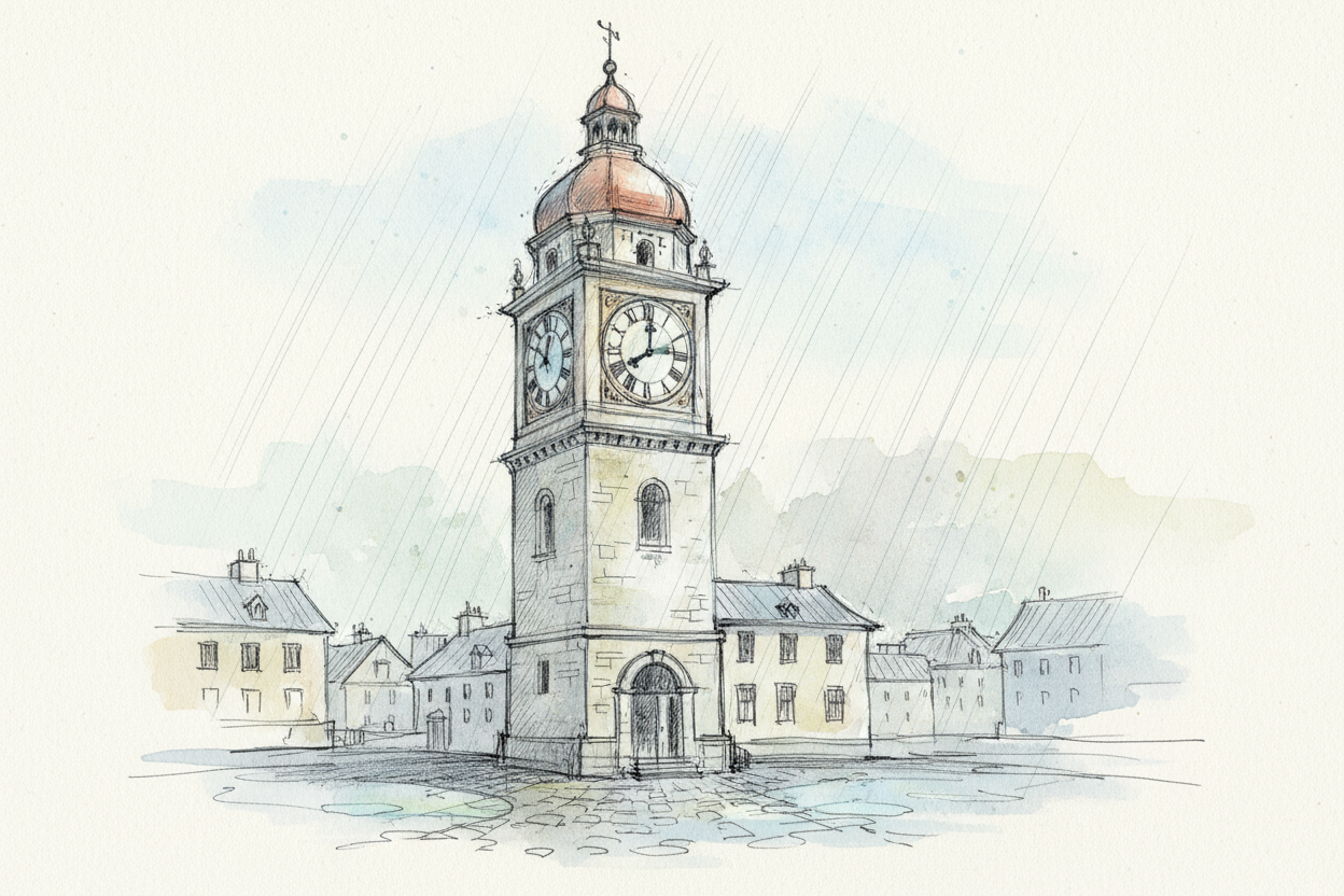 Art sketch style clock tower in the rain